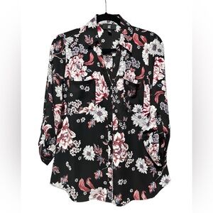 Iz Byer Black Floral Button Down Shirt Large
